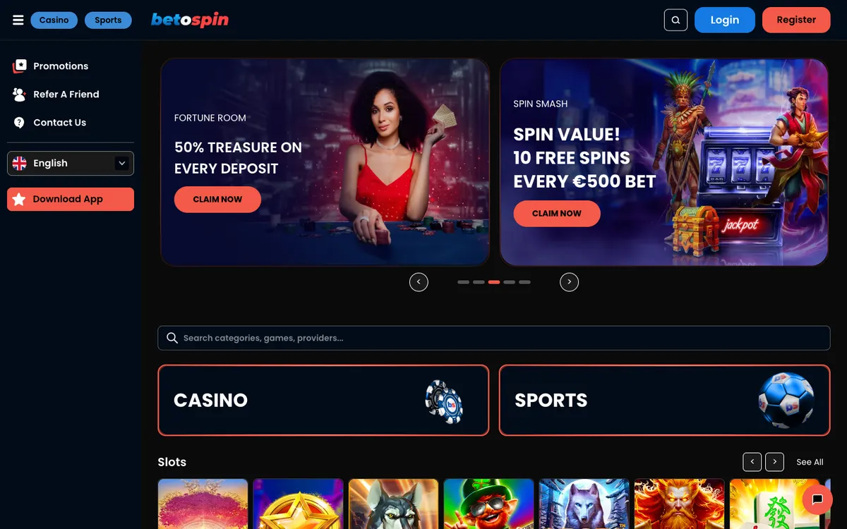 BetOspin Casino — Home page, captured from Switzerland