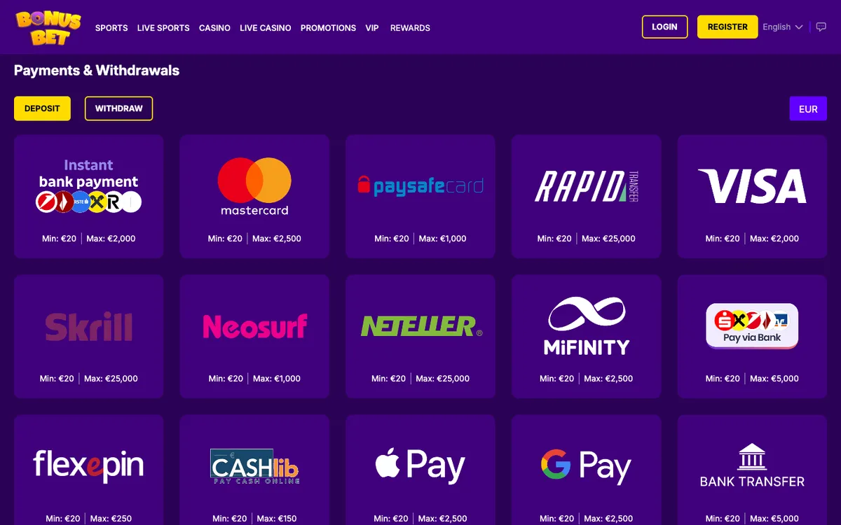 BonusBet Casino — Payments, captured from Austria