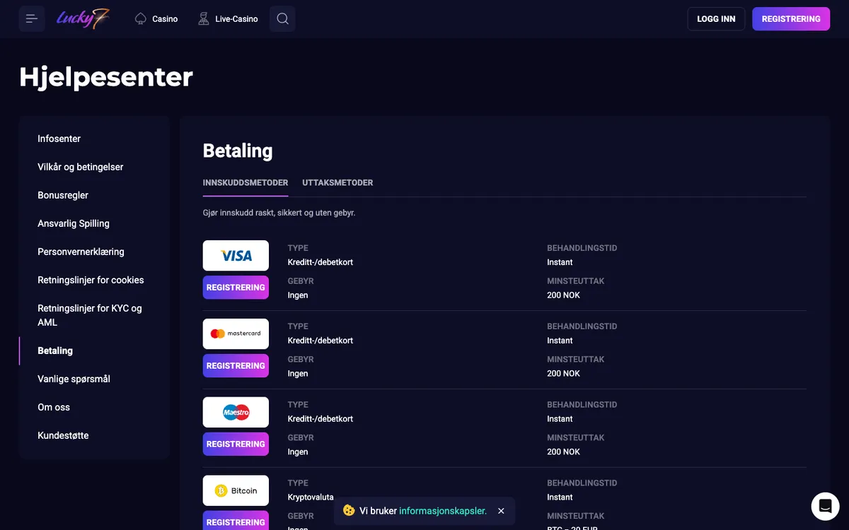 Lucky7even Casino — Payments, captured from Norway