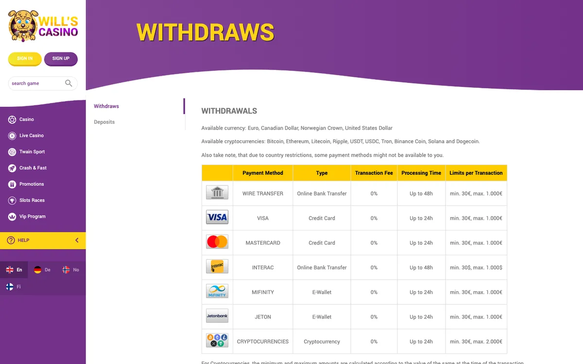 Will's Casino — Payments, captured from Austria