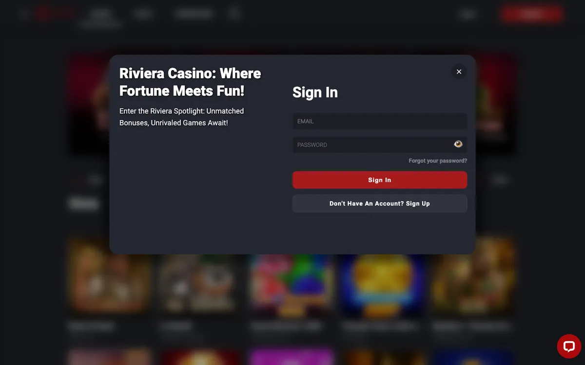 Riviera Casino — Sign-up, captured from New Zealand