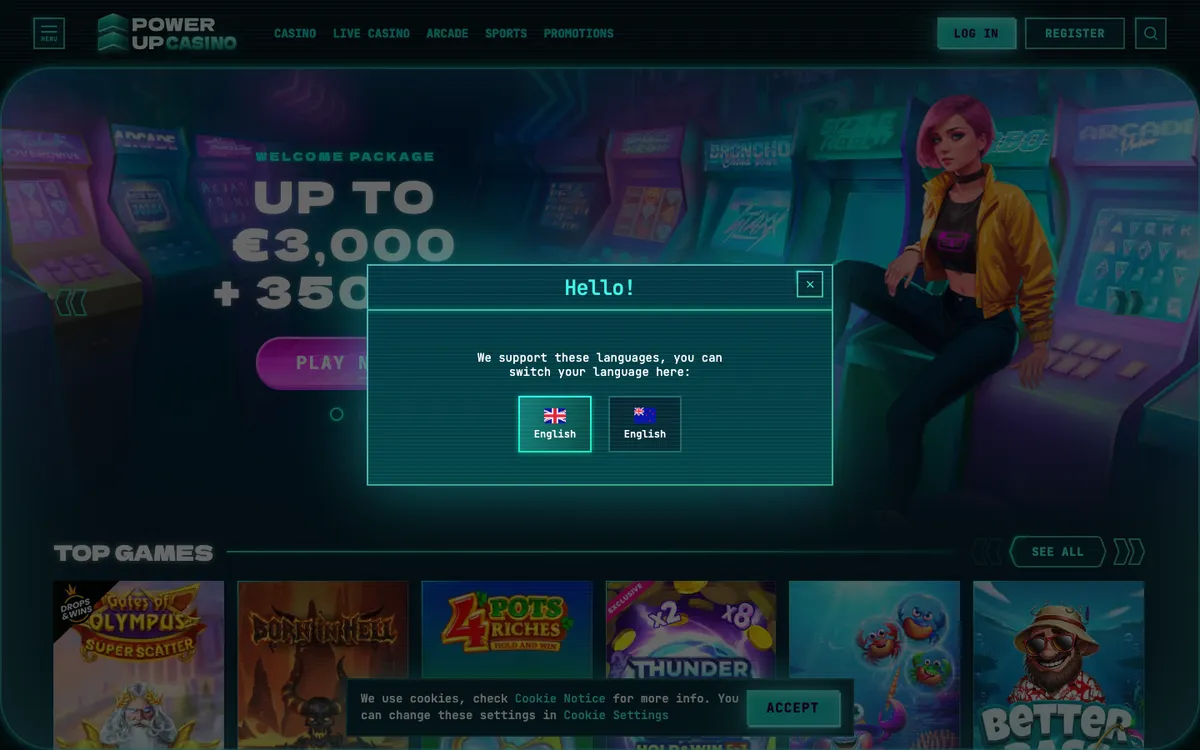 PowerUp Casino — «Главная», снято из страны Новая Зеландия