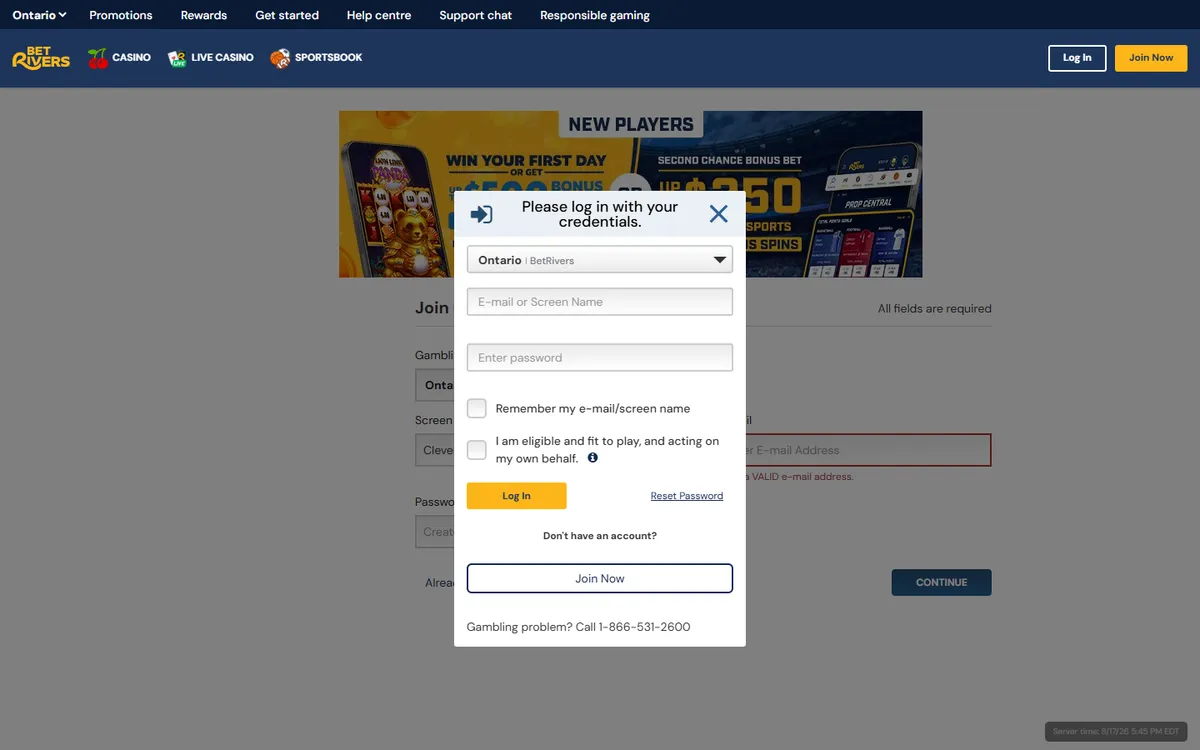 BetRivers Casino - Ontario — Sign-up, captured from Canada