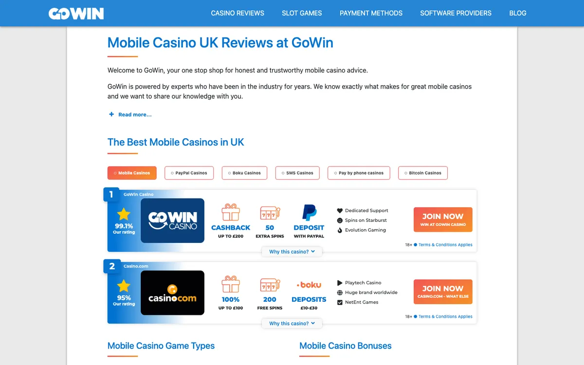 Gowin Casino — Home page, captured from United Kingdom