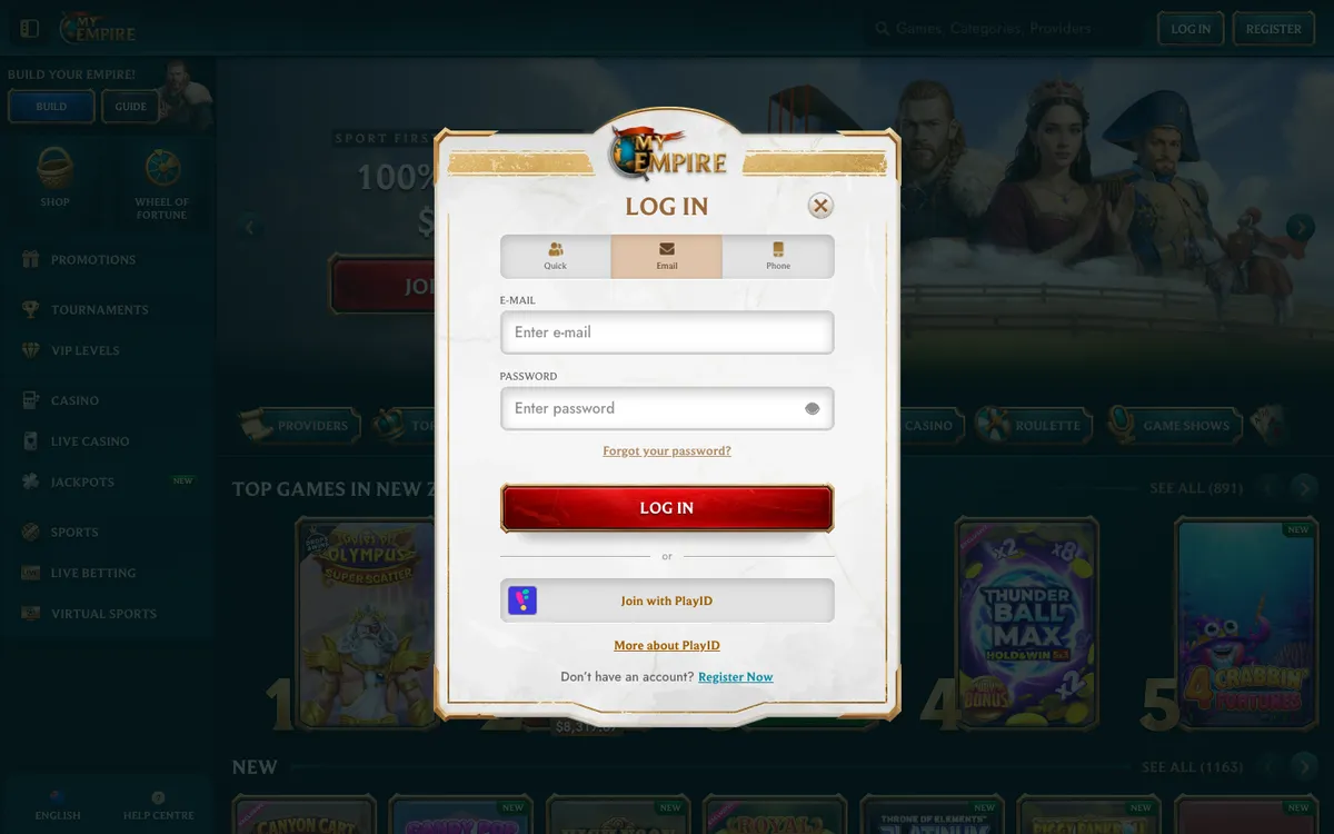 MyEmpire Casino — Sign-up, captured from New Zealand