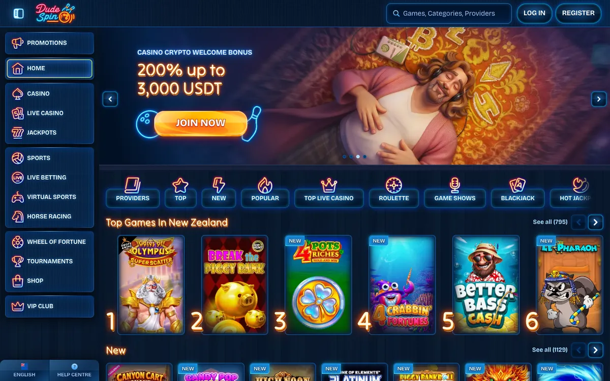 DudeSpin Casino — Home page, captured from New Zealand