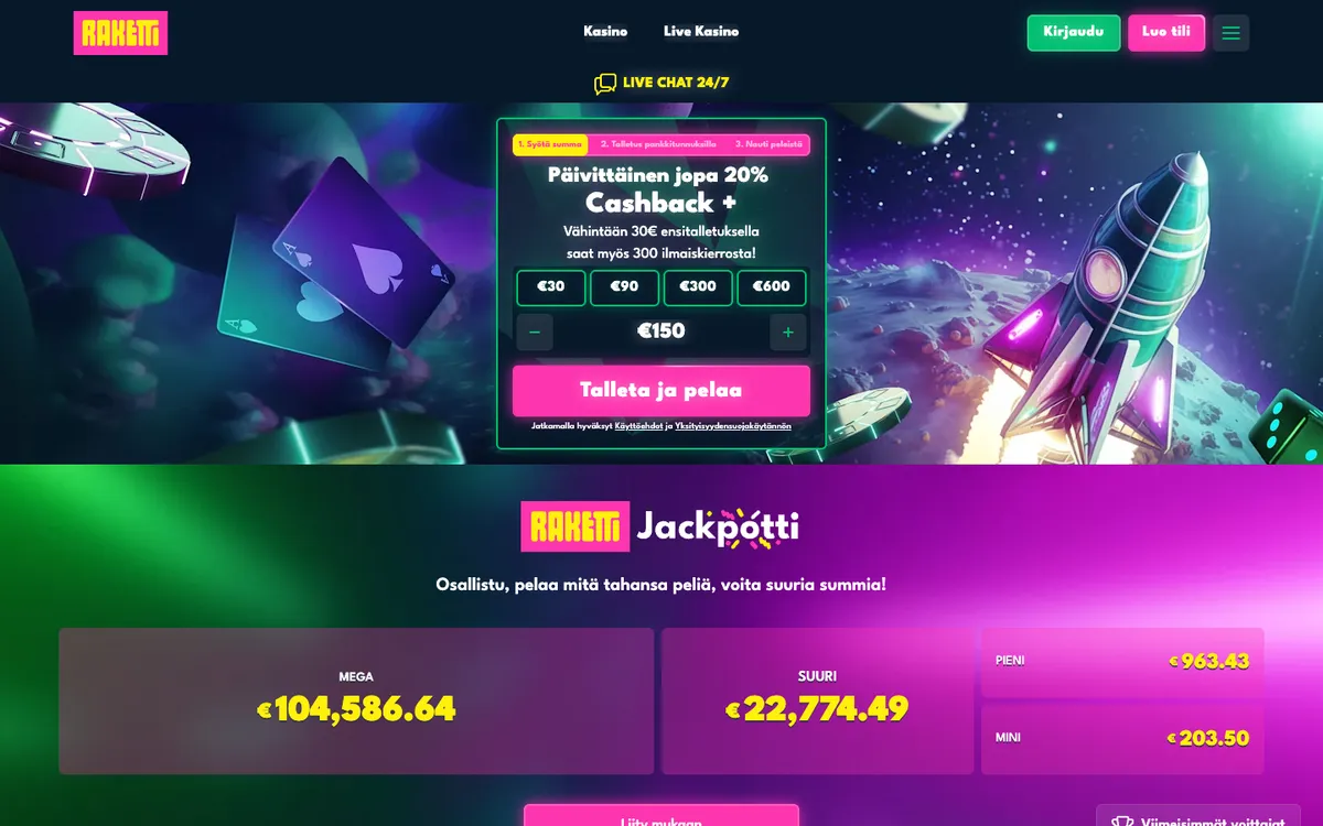 Raketti Casino — Home page, captured from Belgium