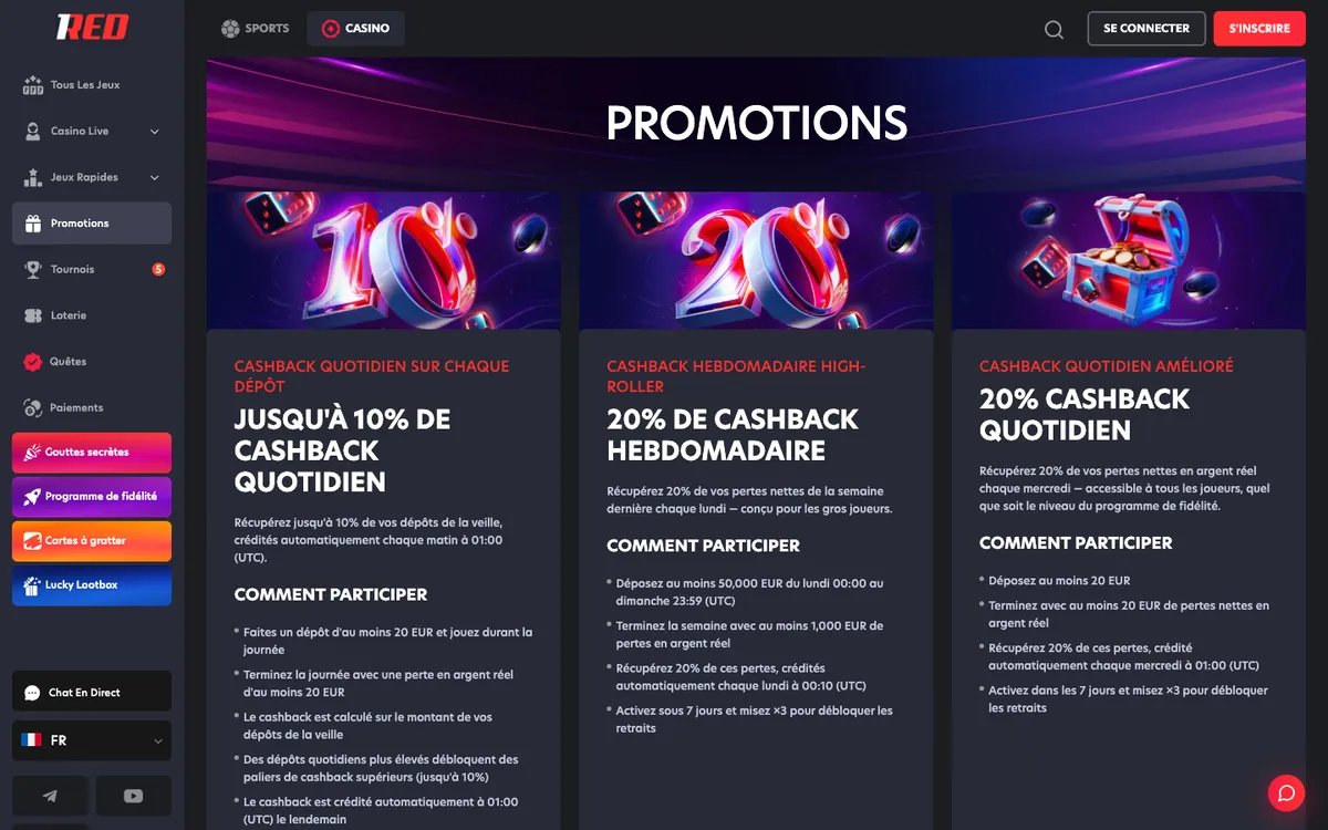 1Red Casino — Promotions, captured from France