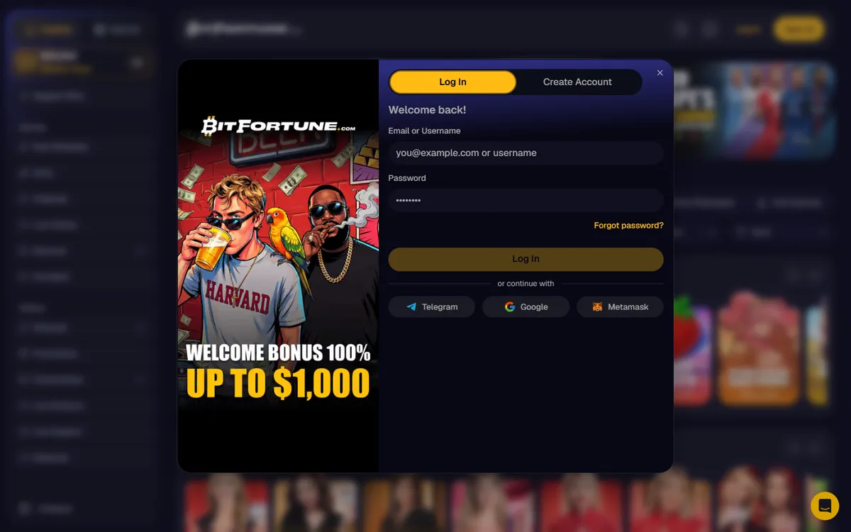 BitFortune Casino — «Регистрация», снято из страны Канада