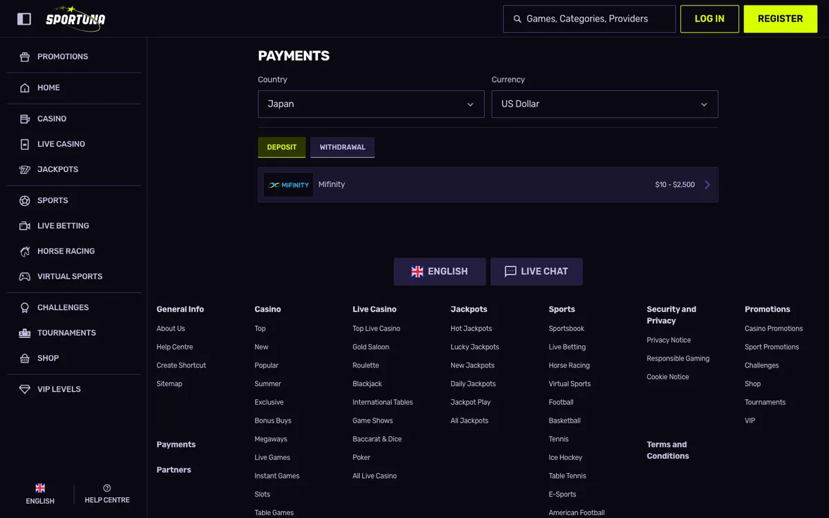Sportuna Casino — Payments, captured from Japan