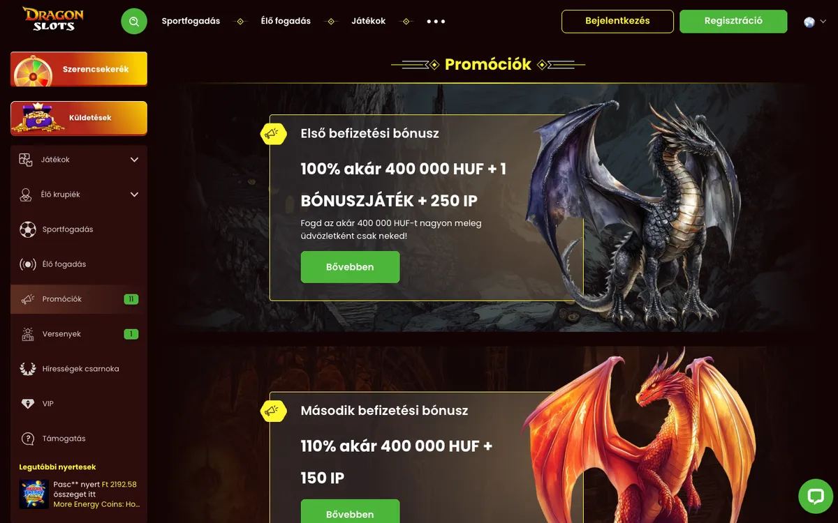 Dragonslots Casino — Promotions, captured from Hungary