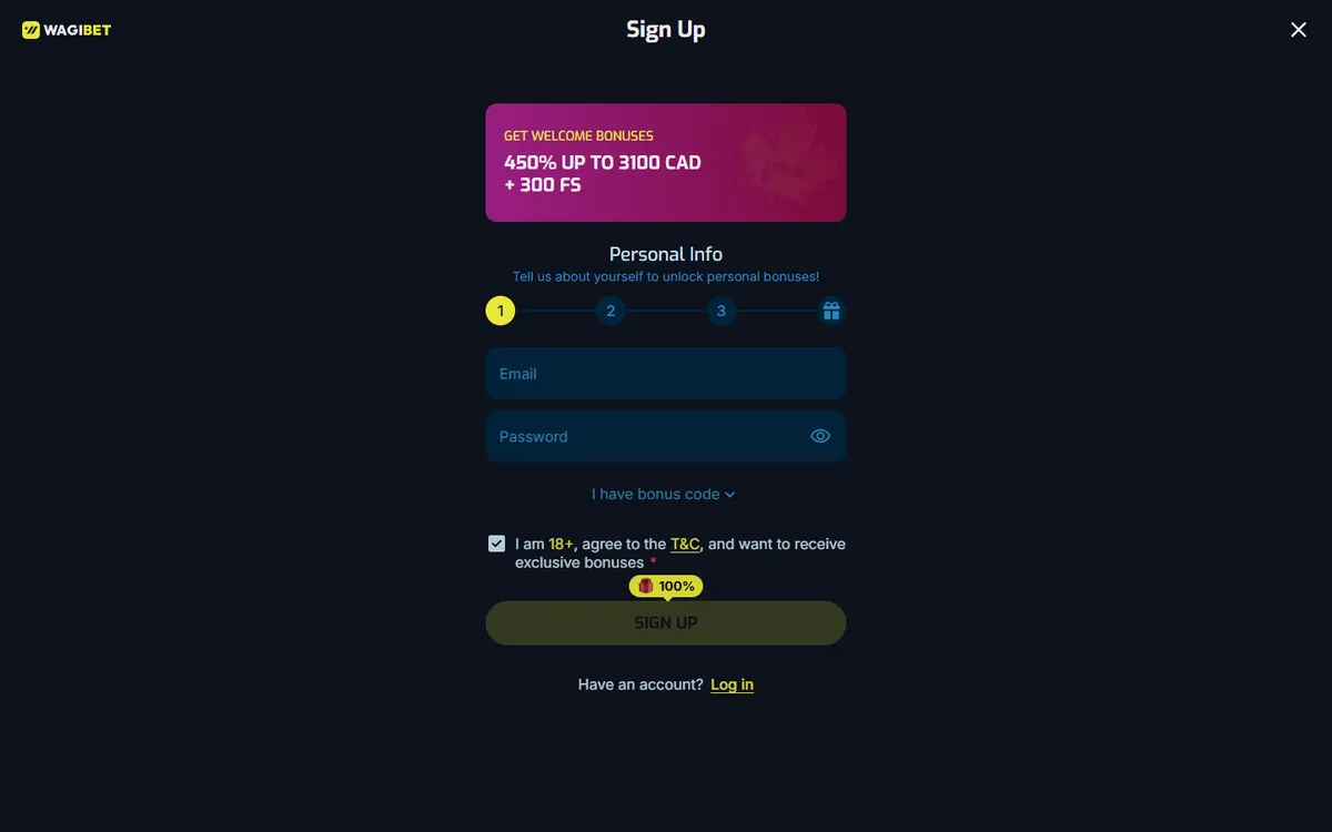 Wagibet Casino — Sign-up, captured from Canada