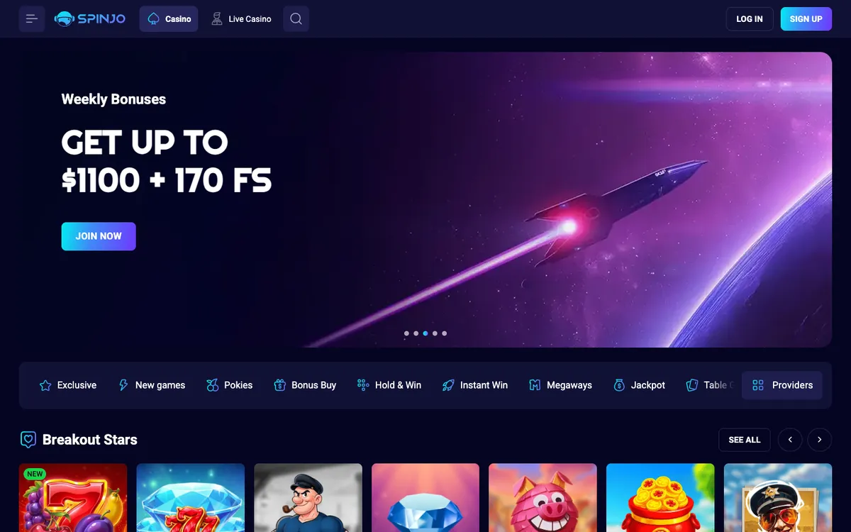 Spinjo Casino — Home page, captured from Australia