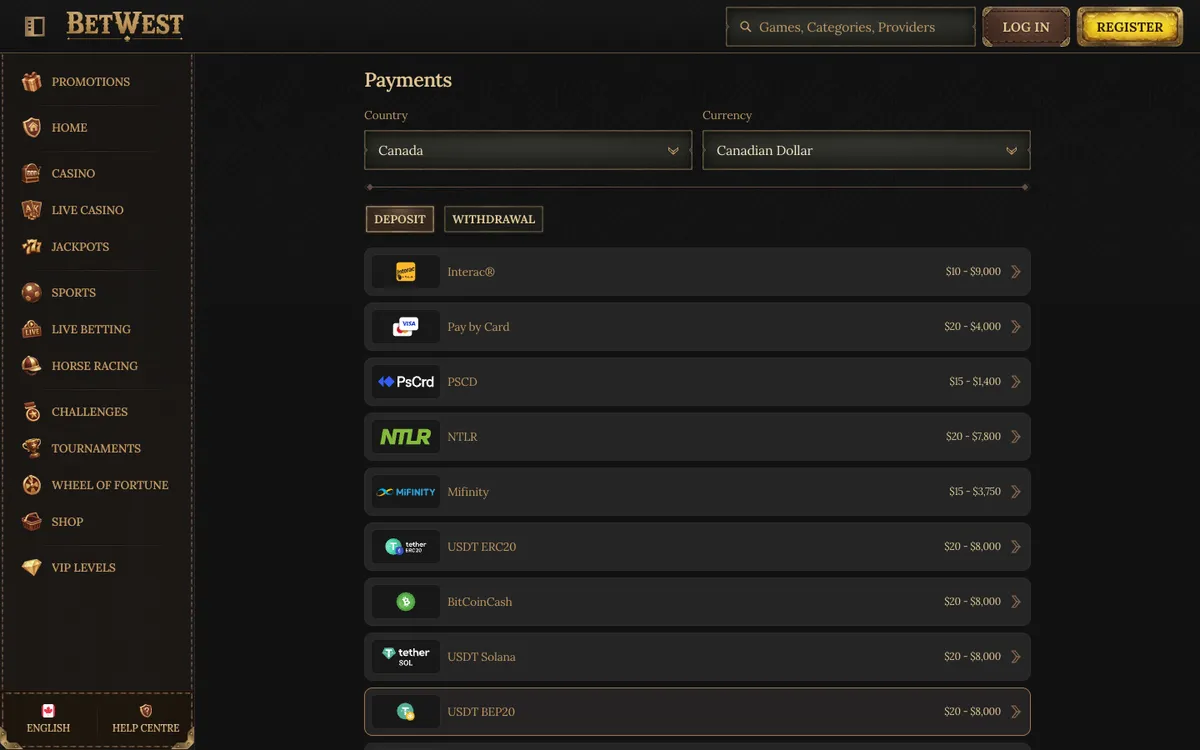 BetWest Casino — Payments, captured from Canada