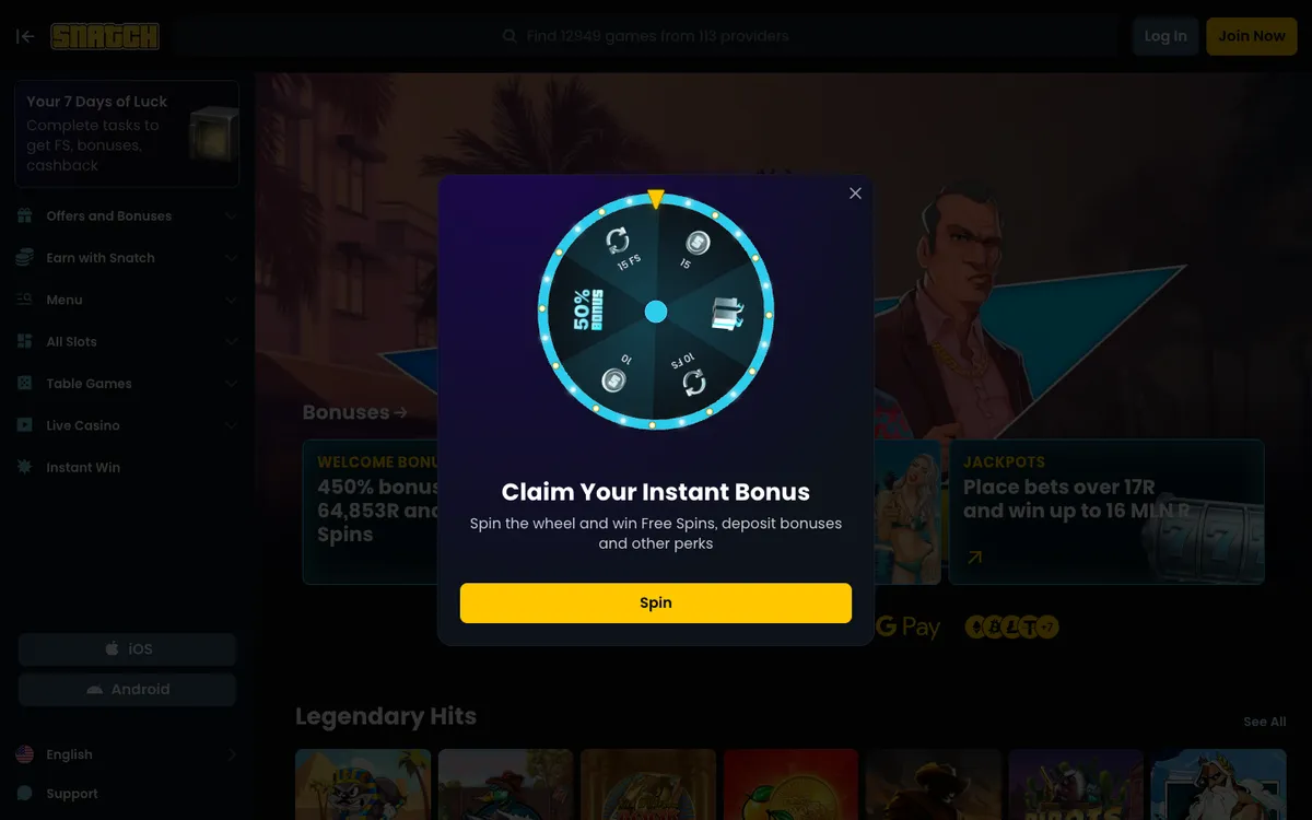 Snatch Casino — Home page, captured from South Africa