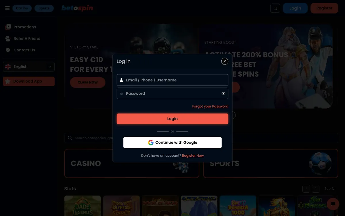BetOspin Casino — Sign-up, captured from Italy