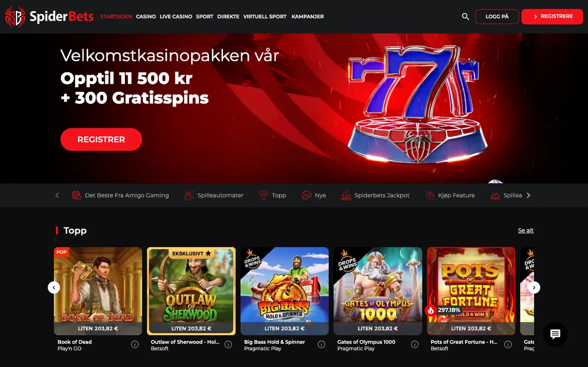 SpiderBets Casino — Home page, captured from Norway