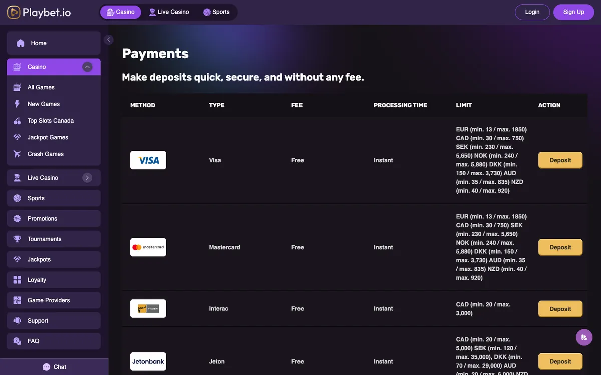 Playbet.io Casino — Payments, captured from Canada