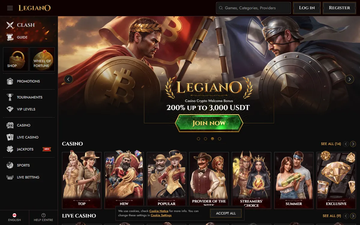 Legiano Casino — Home page, captured from Canada