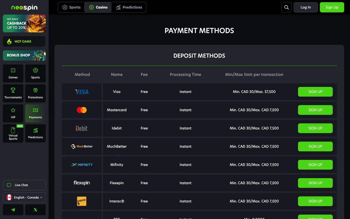 Neospin Casino — Payments, captured from Canada