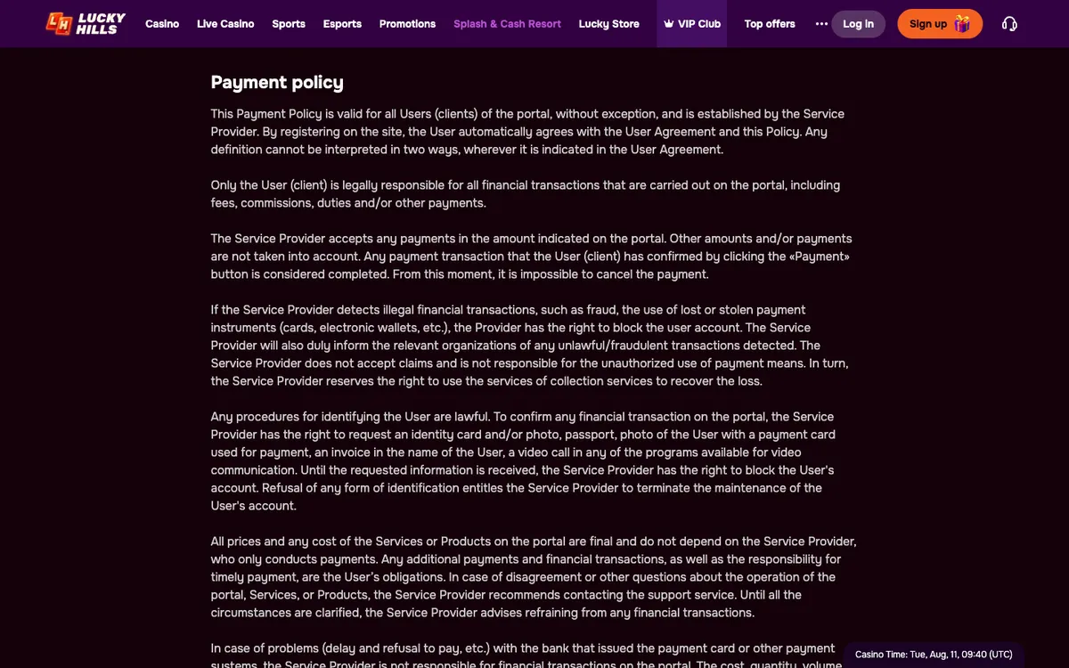 LuckyHills Casino — Payments, captured from New Zealand