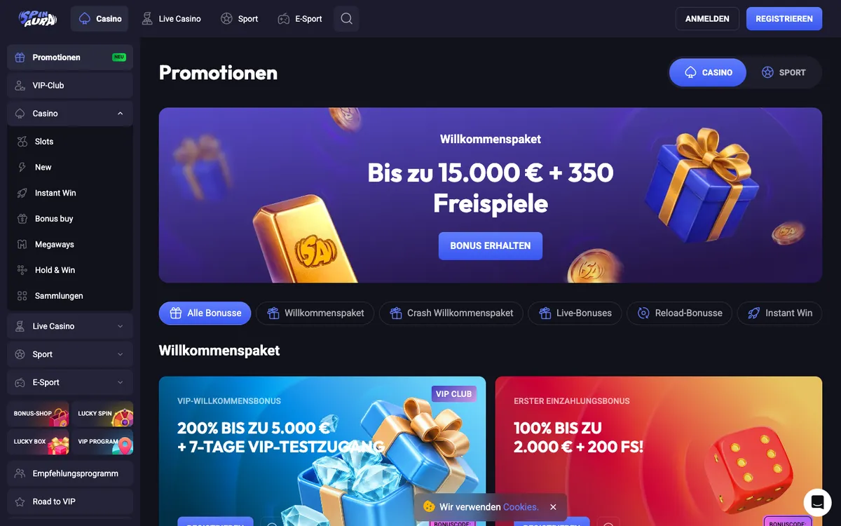 Spin Aura Casino — Promotions, captured from Austria