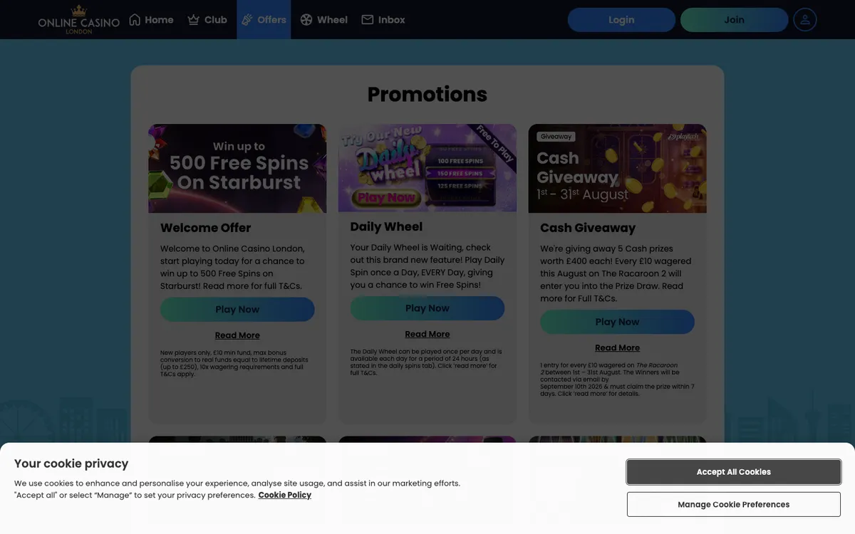 Online Casino London — Promotions, captured from United Kingdom