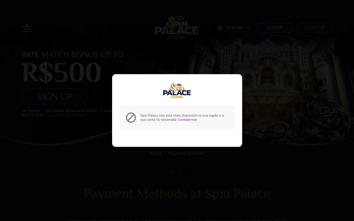 Spin Palace Casino — Payments, captured from Brazil