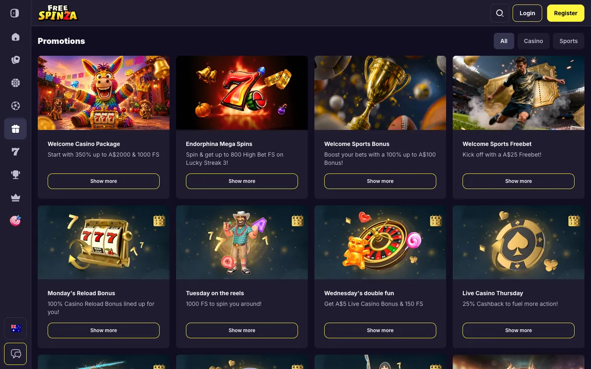 Free Spinza Casino — Promotions, captured from Australia