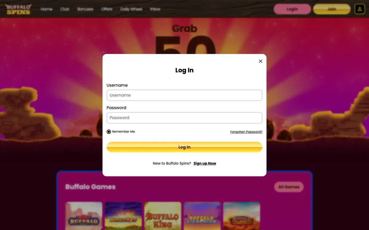 Buffalo Spins Casino — «Регистрация», снято из страны Великобритания