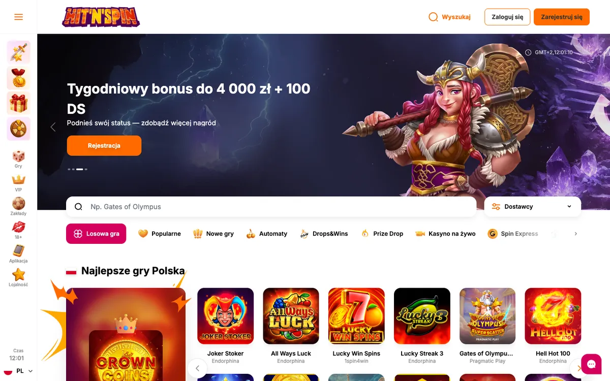 HitNSpin Casino — Home page, captured from Poland