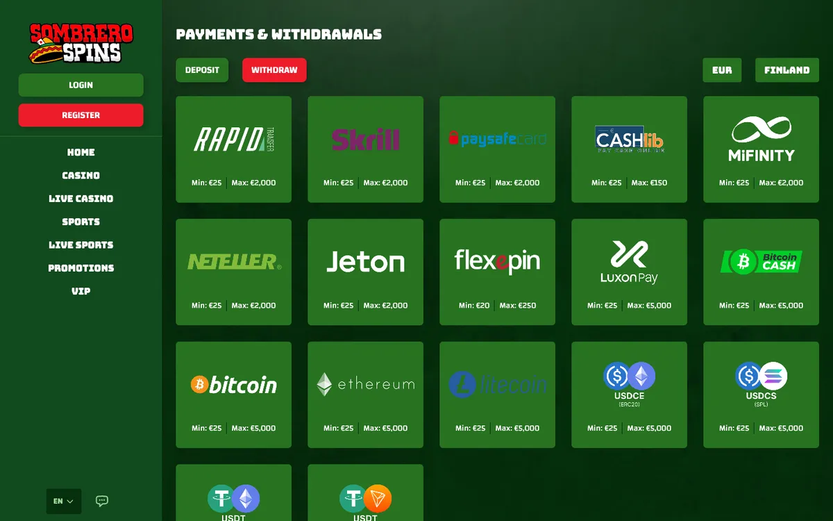 Sombrero Spins Casino — Payments, captured from Finland