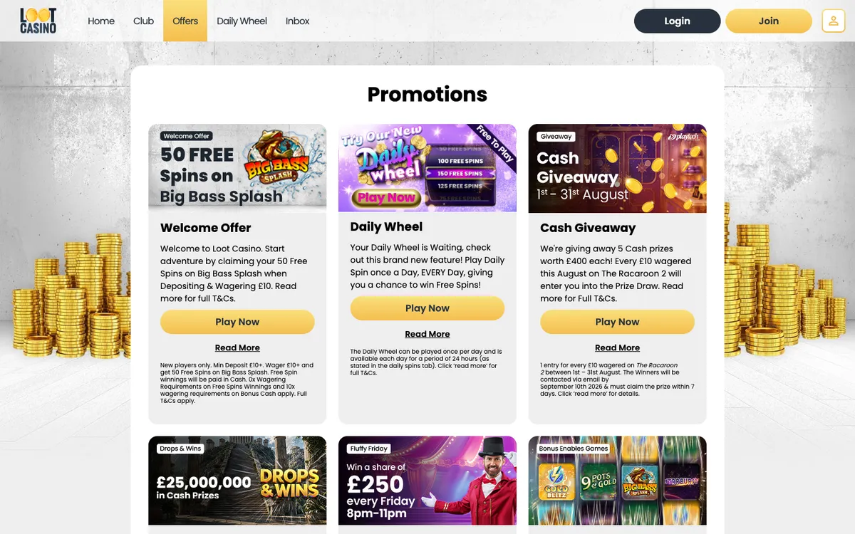 Loot Casino — «Акции», снято из страны Новая Зеландия