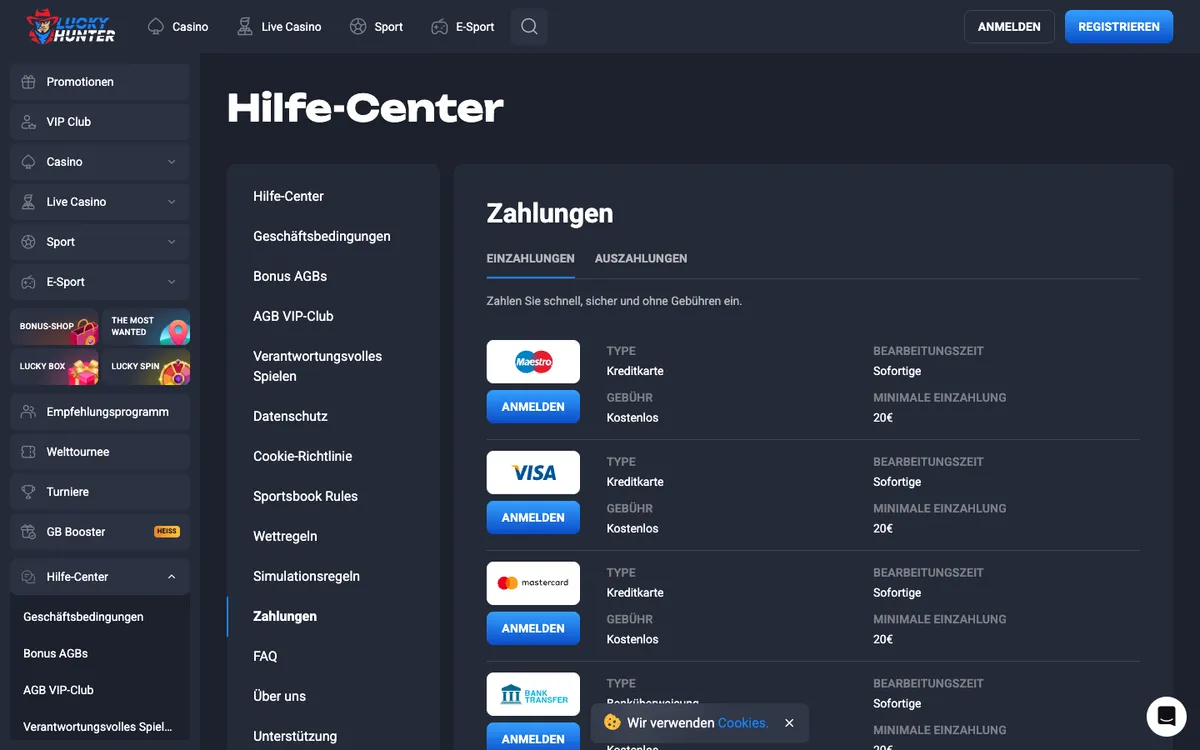Lucky Hunter Casino — Payments, captured from Austria
