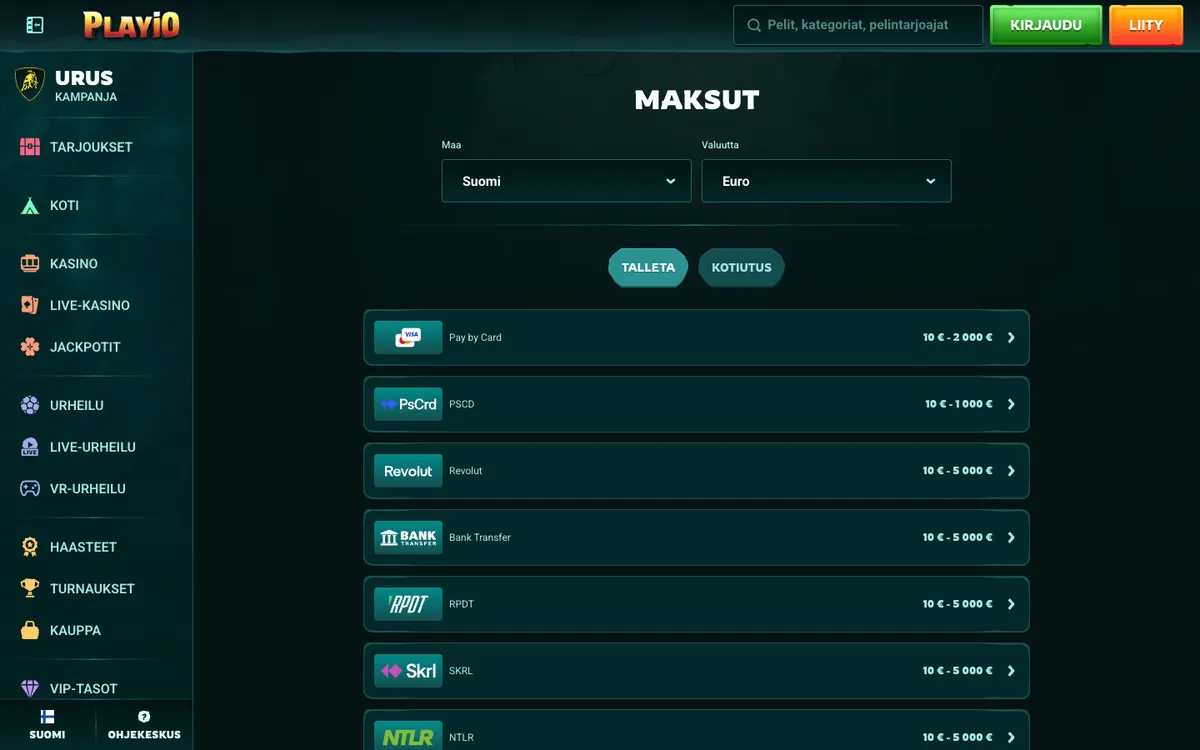Playio Casino — «Платежи», снято из страны Финляндия