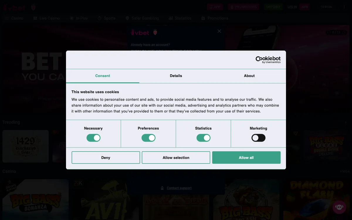 Vbet UK Casino — Sign-up, captured from United Kingdom