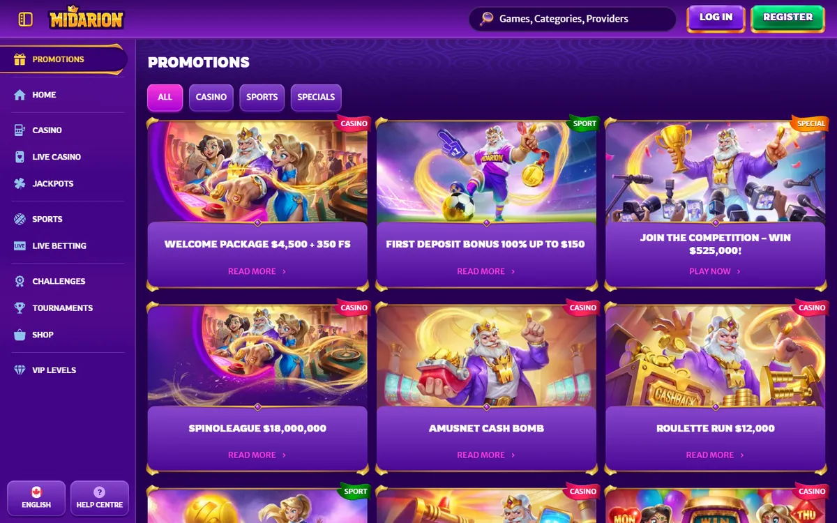 Midarion Casino — Promotions, captured from Canada