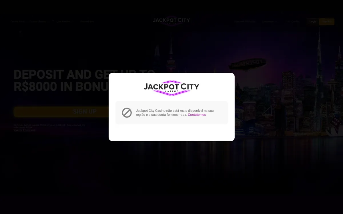 Jackpot City Casino — Home page, captured from Brazil