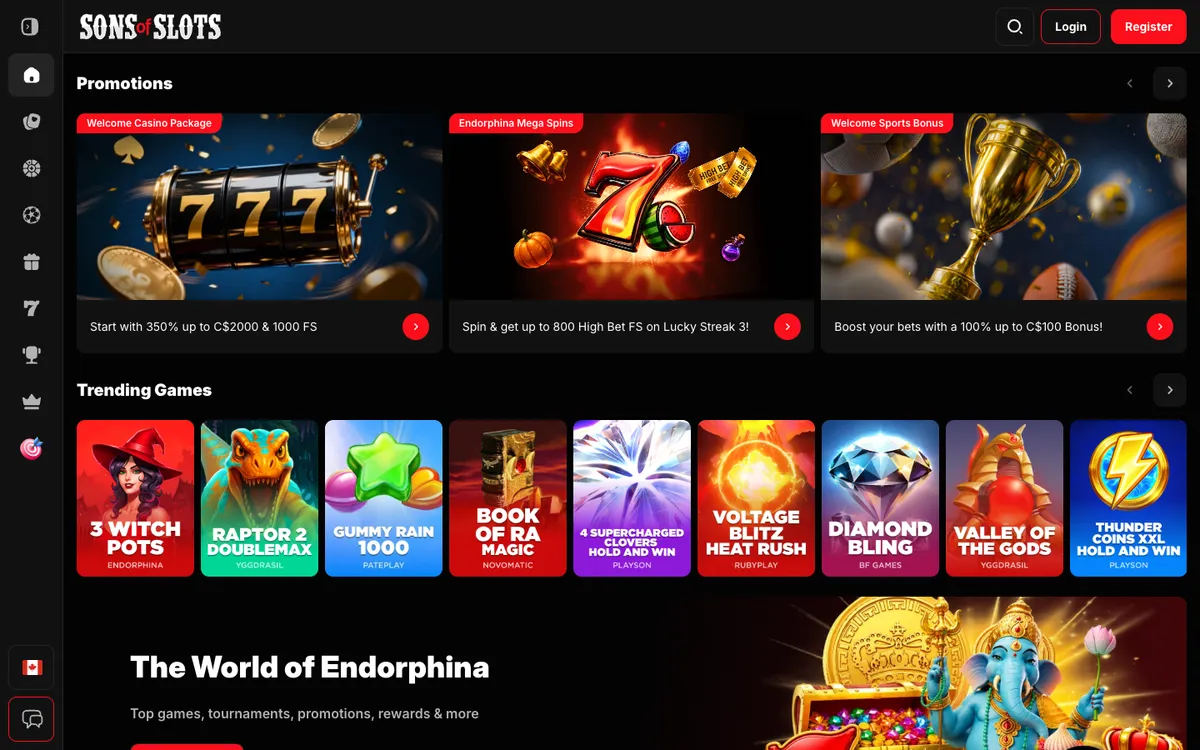 Sons of Slots Casino — Home page, captured from Canada