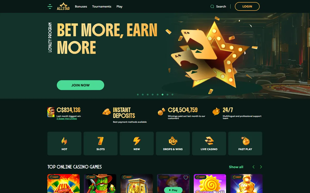 AllStar Casino — Home page, captured from Canada