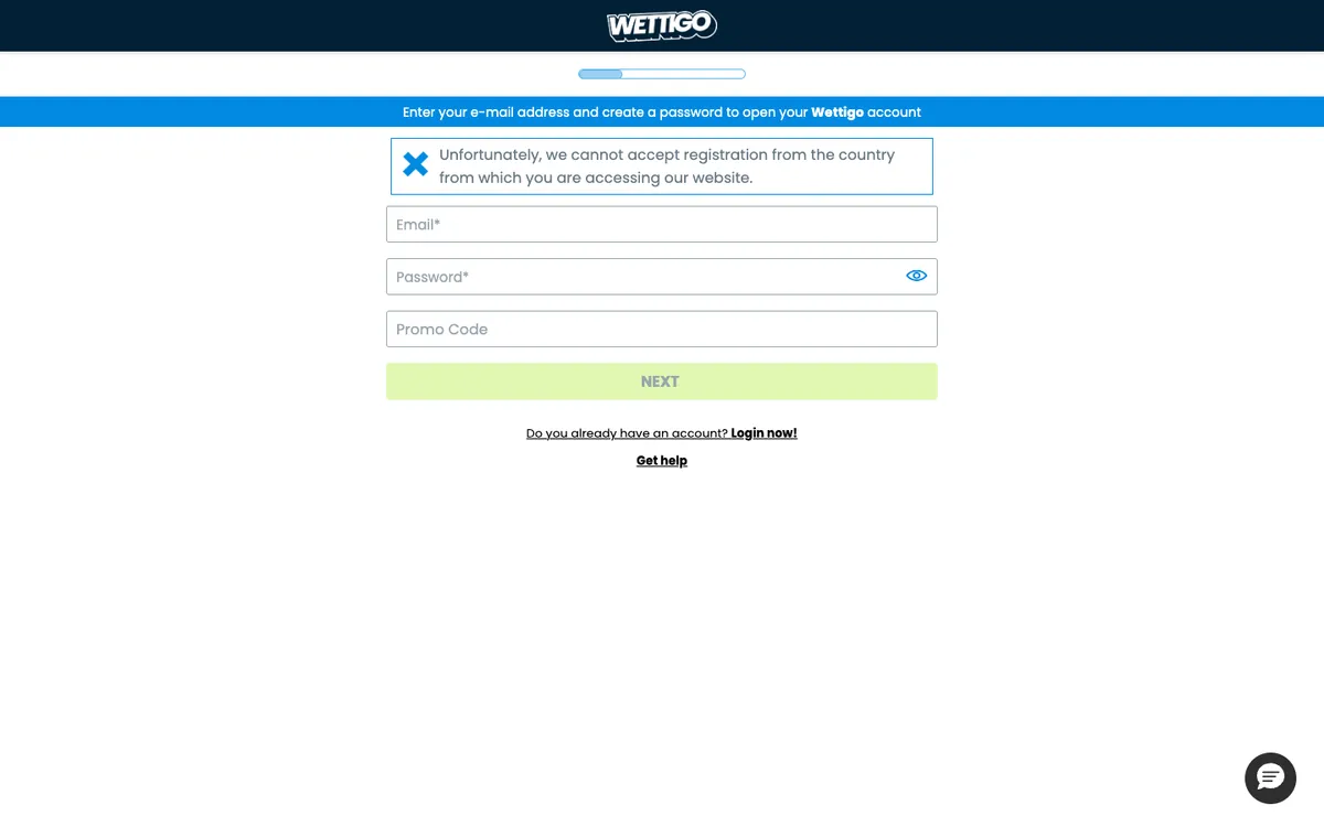 Wettigo Casino — «Регистрация», снято из страны Бельгия