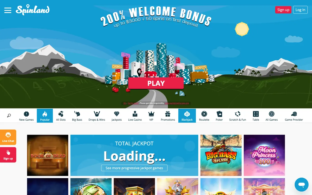 Spinland Casino — Home page, captured from Canada