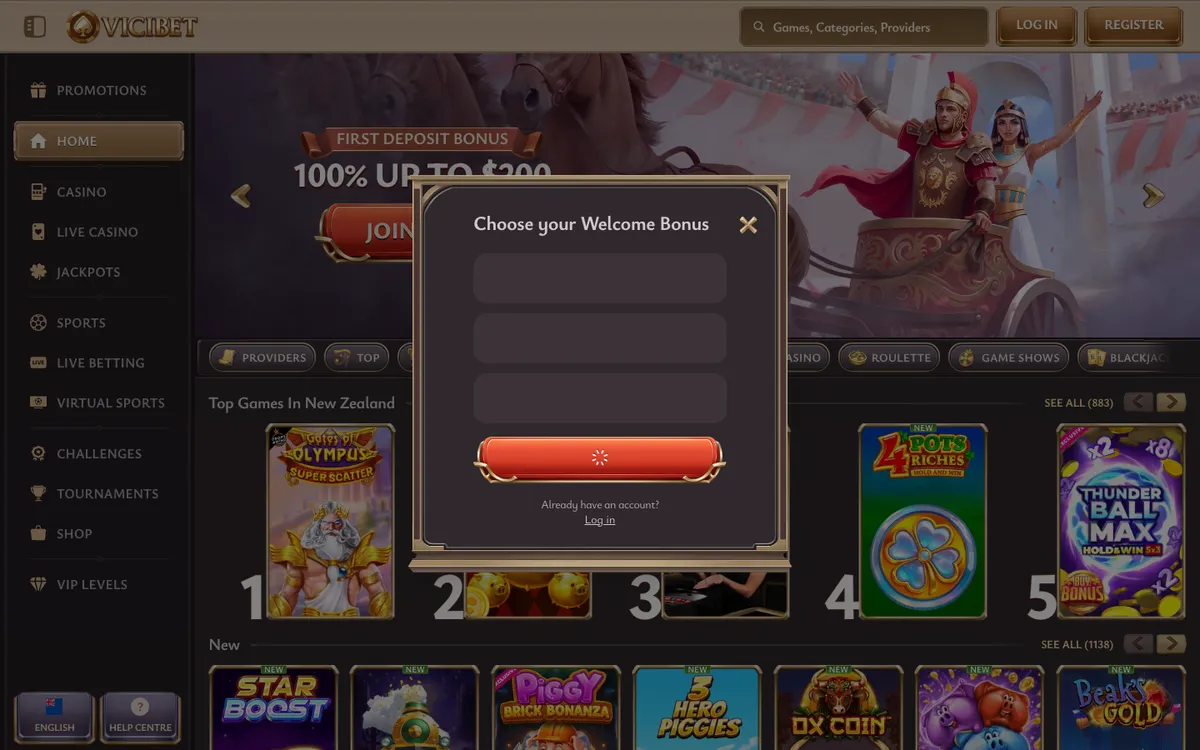 ViciBet Casino — «Регистрация», снято из страны Новая Зеландия