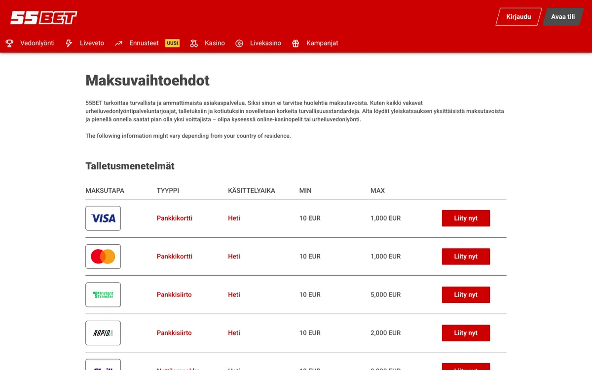 55BET Casino — Payments, captured from Finland
