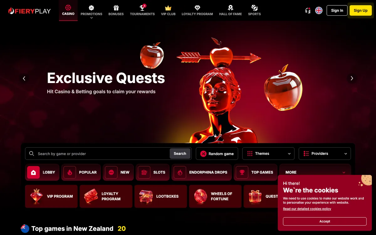 Fiery Play Casino — Home page, captured from New Zealand
