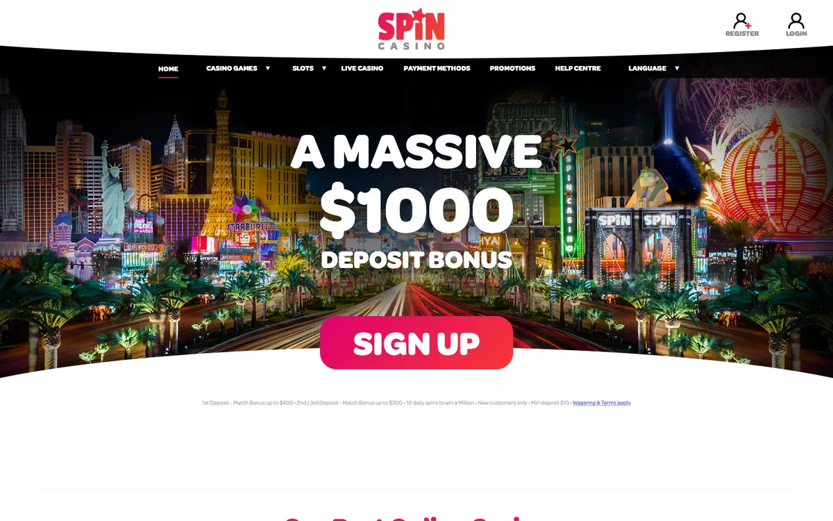 Spin Casino — Home page, captured from Norway