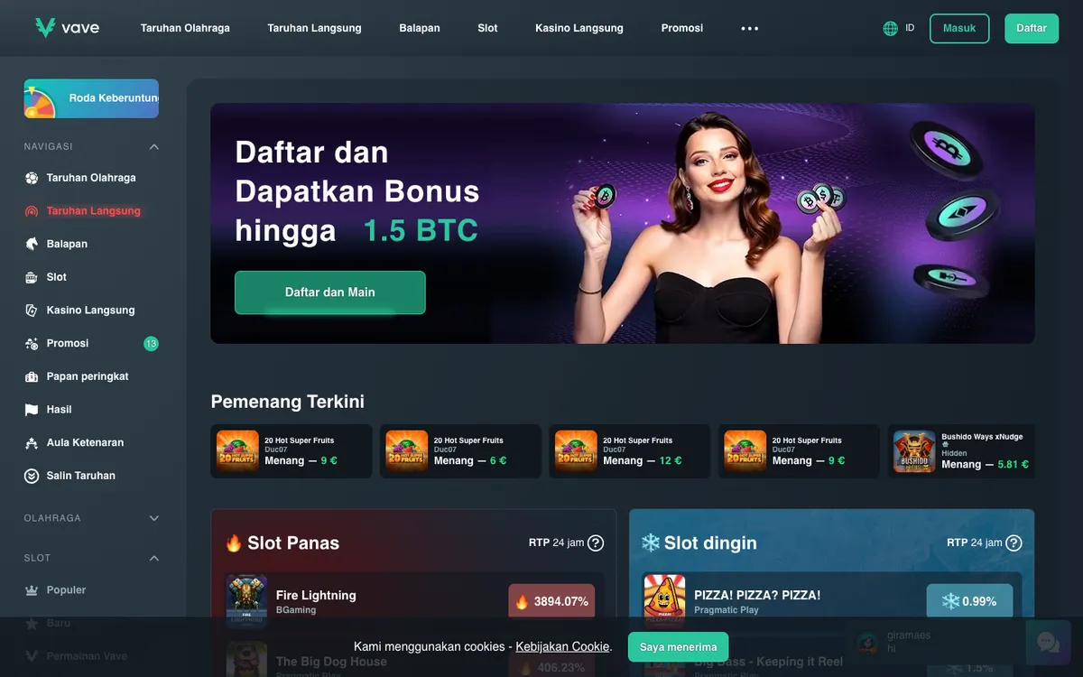 Vave Casino — Home page, captured from Indonesia