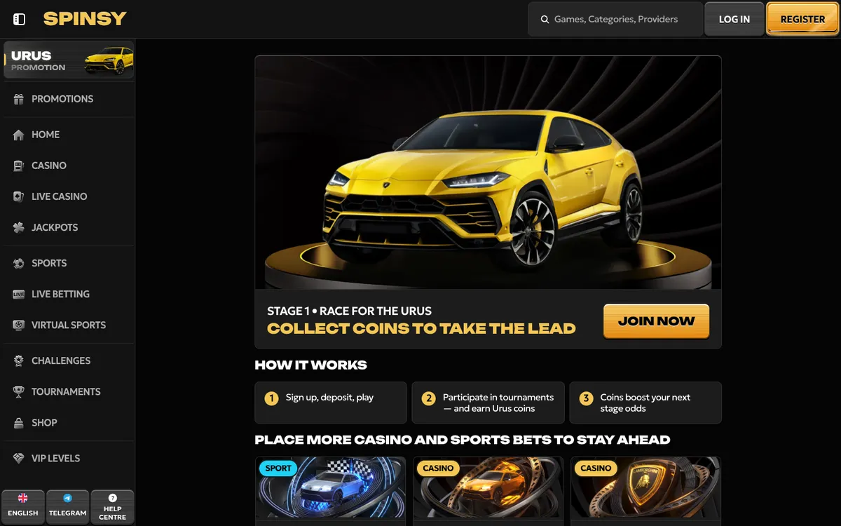 Spinsy Casino — «Акции», снято из страны Южно-Африканская Республика