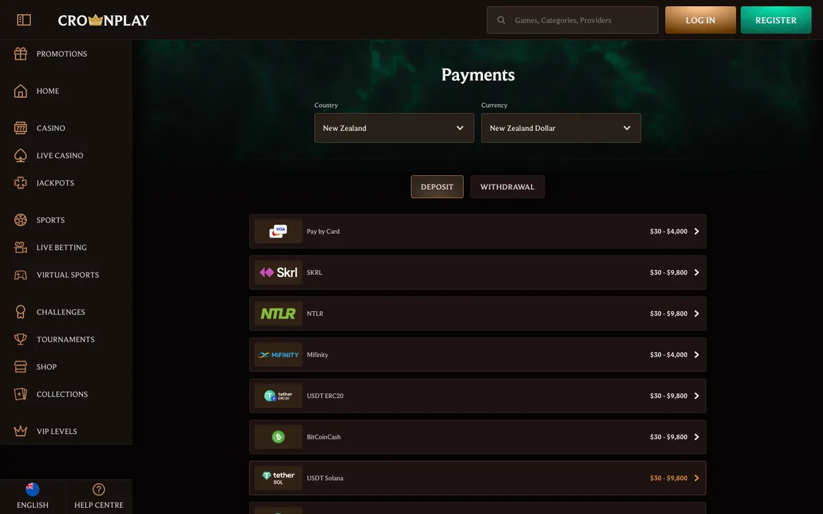 CrownPlay Casino — Payments, captured from New Zealand