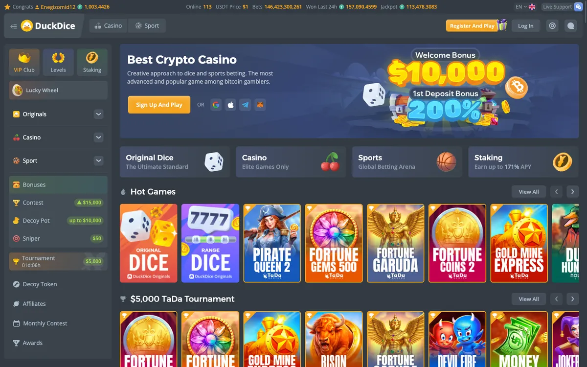 DuckDice Casino — «Главная», снято из страны Чили